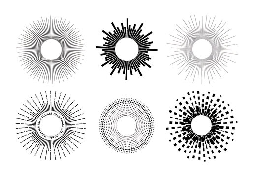 Set of six circular sunburst or radial burst graphic elements in black and white with graphic element design element sunburst abstract starburst explosion geometric ornament circular isolated