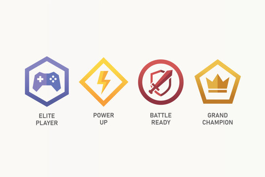 E-sports achievement badges set, Gaming level up and rank icons collection.