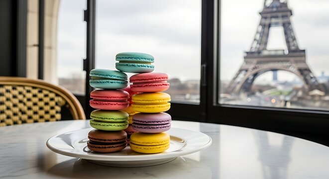 Macarons on a plate with Eiffel Tower view