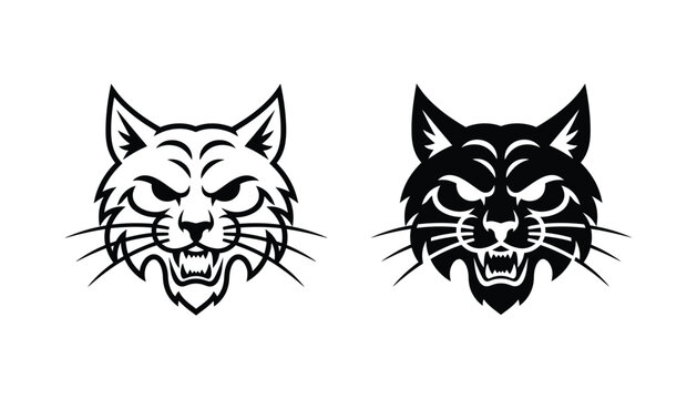 Aggressive bobcat head mascot vector illustration featuring fierce feline facial features for sports team logos and branding in black and white styles