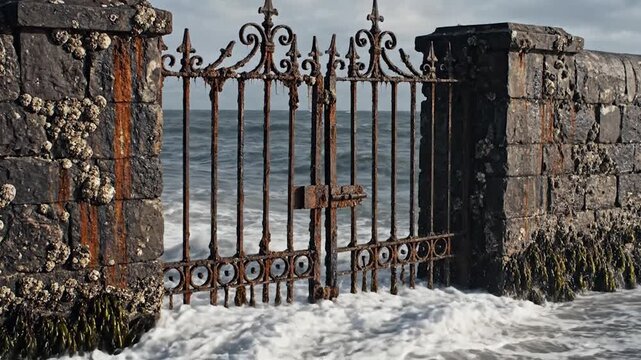 Waves crash against a rustic iron gate and stone wall, creating a dramatic coastal scene with sea foam.