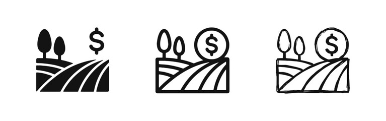 Agriculture Investment Farmland Icon Set - Rural Land Value and Profit Concept © drawing lines