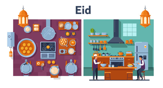Two distinct kitchen scenes, one from a top-down view showcasing cooking utensils and ingredients, and another depicting two people preparing food in a modern kitchen.