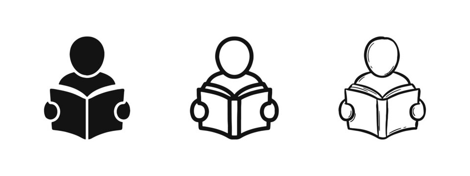 Man reading book icon set, knowledge, education, learning, library, person with book, vector illustration