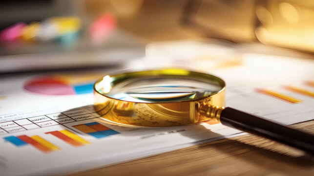 studio photograph of a magnifying glass held over a printed SWOT matrix on a boardroom table, lens sharply enlarges the strengths quadrant while weaknesses and threats blur into soft bokeh; 
