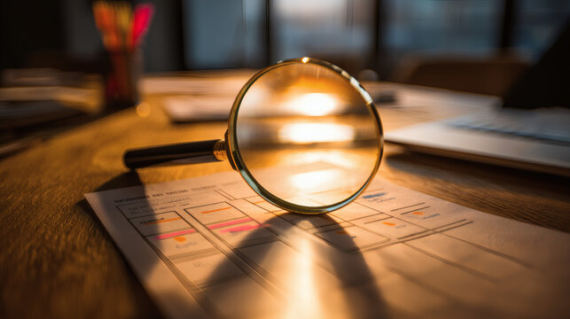 studio photograph of a magnifying glass held over a printed SWOT matrix on a boardroom table, lens sharply enlarges the strengths quadrant while weaknesses and threats blur into soft bokeh; 