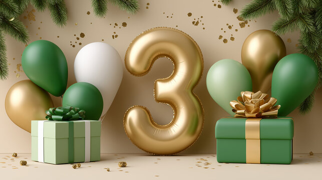 Celebration setup with balloons and presents for a third birthday party in a simple indoor space