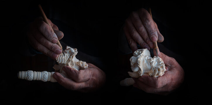 Craftsman hand works to create Tobacco pipe from meerschaum