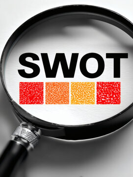 detail of a magnifying glass rim focusing on a printed SWOT heatmap where high priority opportunities glow and red threat cells are magnified, tactile emphasis on ink and paper grain, neutral 