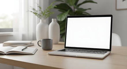 Fototapeta premium Laptop mockup with stationery on a light wooden desk