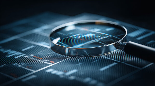 image of a magnifying glass held over a printed SWOT worksheet and risk register, crisp reflections on glass and clear checklist items visible through the lens, dark textured background and 