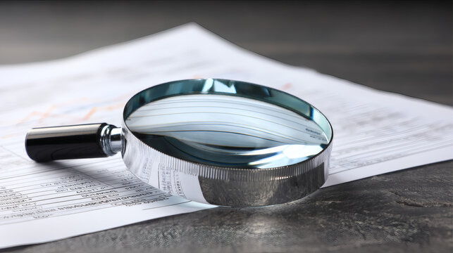 image of a magnifying glass held over a printed SWOT worksheet and risk register, crisp reflections on glass and clear checklist items visible through the lens, dark textured background and 