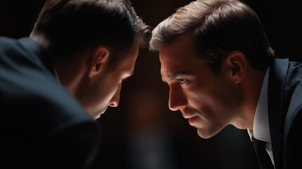 Fototapeta premium Two men focusing on each other in an intense conversation at a formal event in the evening