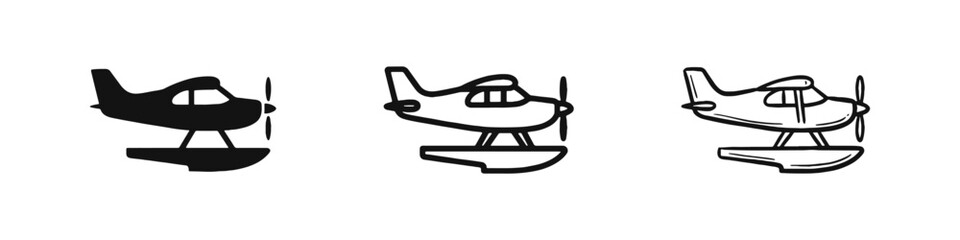 Seaplane Floatplane Icon Set in Solid, Outline, and Hand-Drawn Styles - Aviation Transport Vector © drawing lines