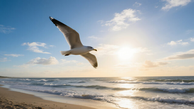 Seagull flying over beach in bright morning sunlight