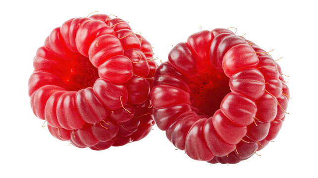 Two fresh ripe red raspberries with texture and seeds isolated on a white background