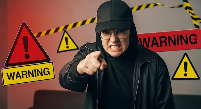 Angry person in black hoodie and cap pointing finger surrounded by warning signs and tape