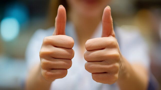 Close up of two hands giving positive thumbs up gesture against a blurred background