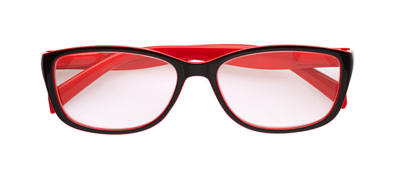 Red and black eyeglasses with clear lenses on transparent background