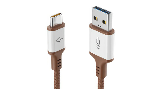 Usb type c and usb a charging cables with brown braided cord on a white background