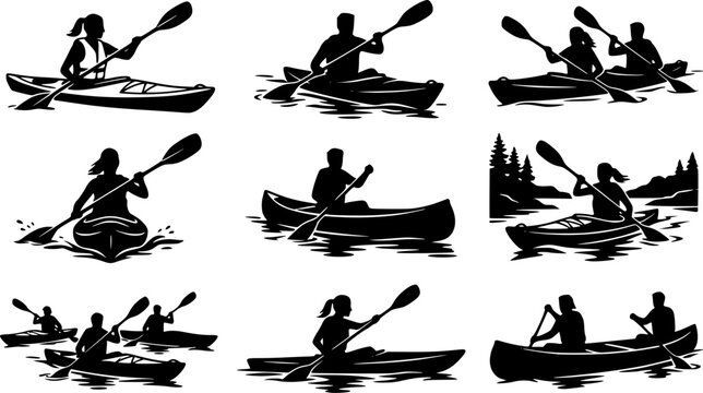 Kayak silhouettes, Canoe silhouette, Woman kayaking silhouette, Kayaking silhouette, Kayak SVG, Kayak vector set
