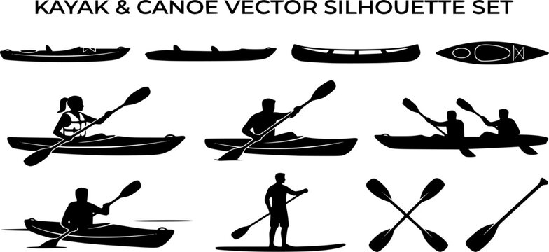 Kayak silhouettes, Canoe silhouette, Woman kayaking silhouette, Kayaking silhouette, Kayak SVG, Kayak vector set
