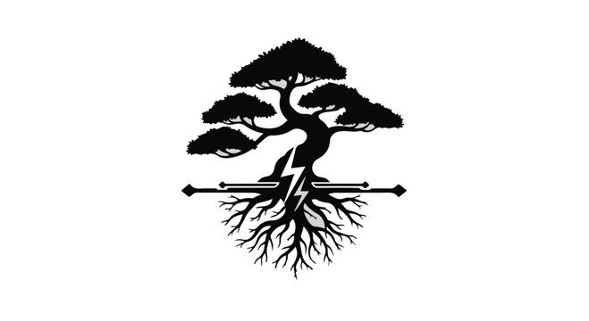 Bonsai tree silhouette with deep roots represents growth and strong foundations.
