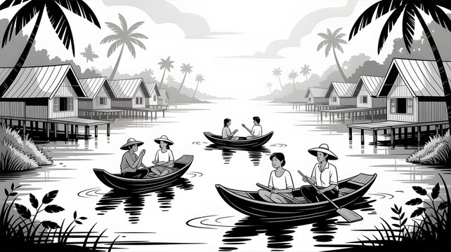 People boating in tropical village with stilt houses
