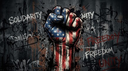 Naklejka premium Gritty Graffiti Style Raised Fist with American Flag Texture