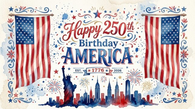 Happy 250th Birthday America Banner with Vintage USA Landmarks