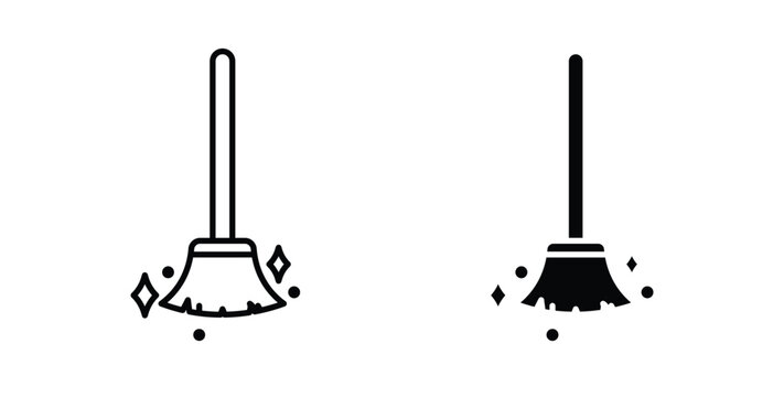 Broom sweeping dust icon simple illustration set. Black and white icons