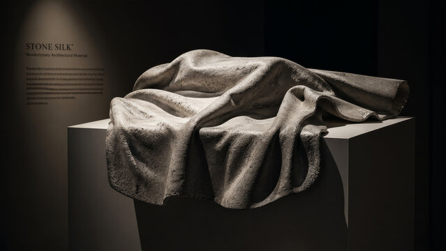 Trompe L'oeil Flexible Smart Material Mimicking Ancient Stone on Minimalist Exhibition Pedestal