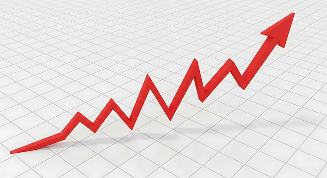 Red arrow graph showing upward trend and growth on grid background with business increase performance economic strategy positive statistics investment