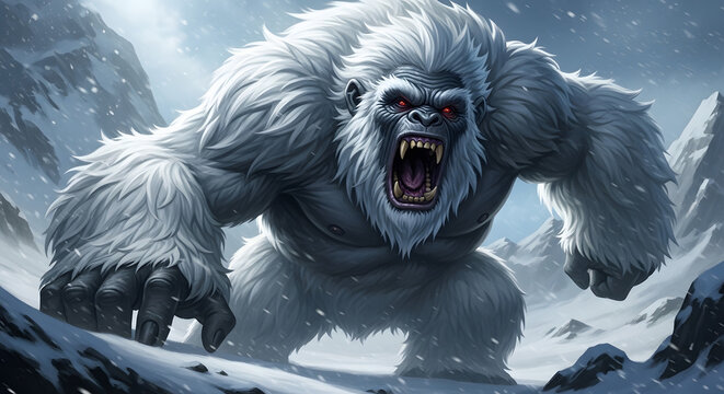 Majestic yeti roar a powerful snow creature in a mountainous landscape