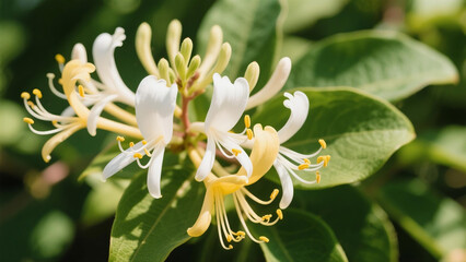 Fototapeta premium A cluster of white honeysuckle flowers, with stamens dotted with yellow, in a natural environment, photographed with a close-up shot. The background features clear green leaves, and soft sunlight illu