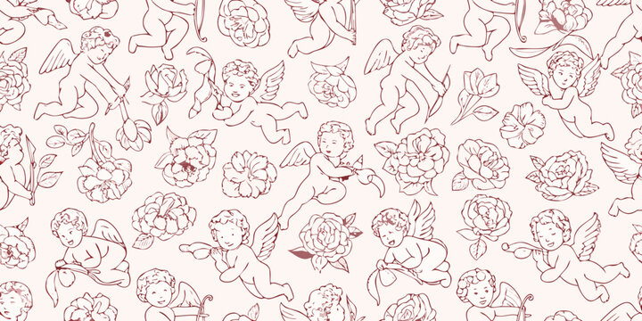 Seamless repeating vector pattern with cherubs and roses