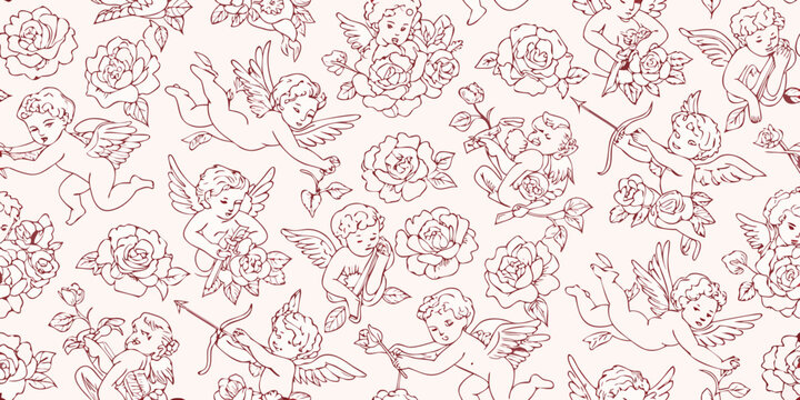 Seamless repeating vector pattern with cherubs and roses