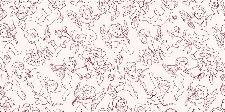 Seamless repeating vector pattern with cherubs and floral elements