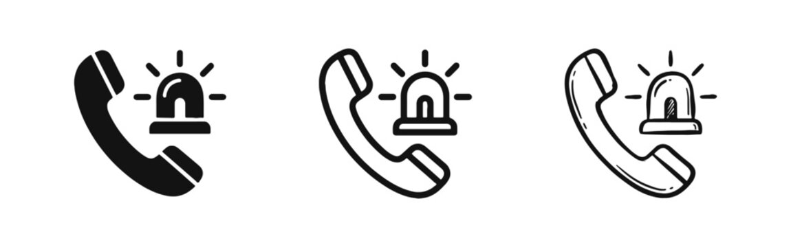 Emergency Call Icon Set with Phone Handset and Alarm Siren Symbol in Three Styles