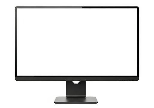 Modern flat screen computer monitor with minimalist black stand displayed on white background