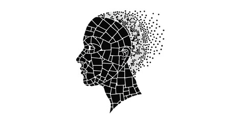 Human head profile shows a mosaic pattern dissolving into digital pixel particles. © Moheeb