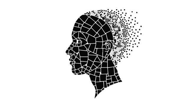 Human head profile shows a mosaic pattern dissolving into digital pixel particles.