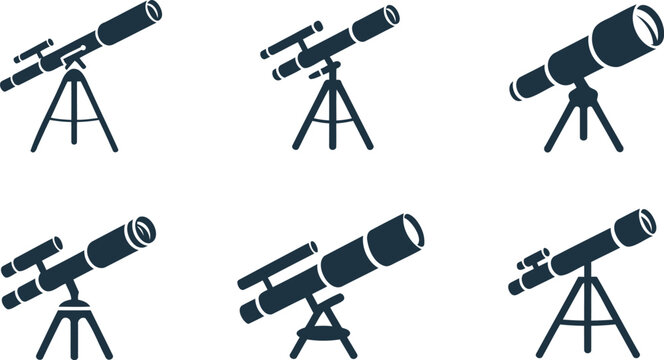 Telescopes on tripods in different positions and angles for astronomy and stargazing  various views