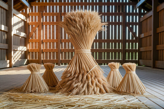 Bundles of wheat stalks neatly tied and arranged inside a sunlit wooden barn with beams and slatted walls.