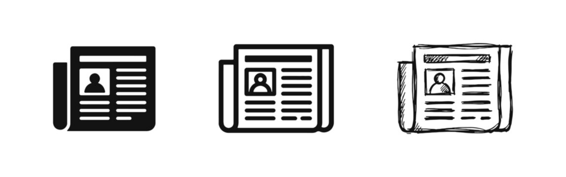 Newspaper Icon Set with Profile Picture and Text Articles in Three Design Styles