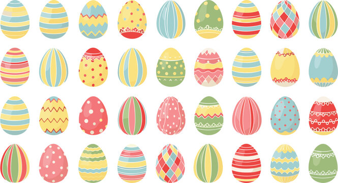 Large colorful Easter egg collection with various patterns and textures, decorative spring holiday vector set for festive designs, greeting cards, packaging, and seasonal backgrounds