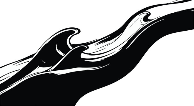 Ocean waves flow in a stylized black and white graphic representation of movement.