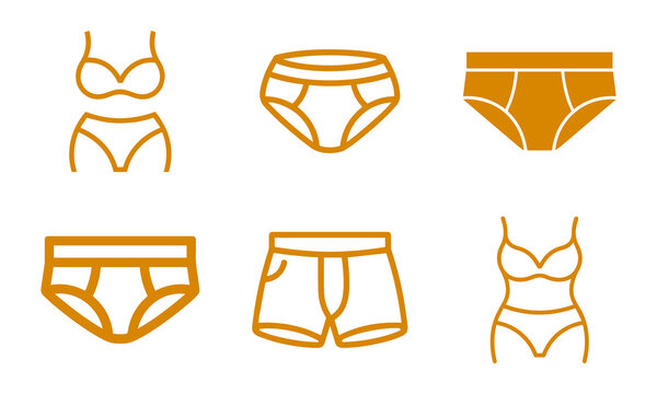Assorted collection of underwear and lingerie icons in orange, representing various styles of intimate apparel for men and women.