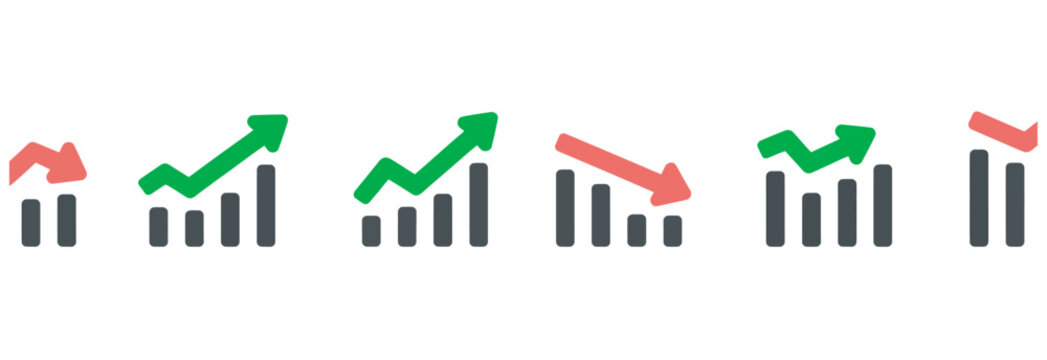 Set of financial bar chart icons showing upward and downward trends with arrows.