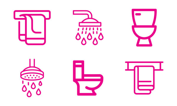 Collection of pink bathroom icons featuring shower heads, toilet bowls, and hanging towels for interior design and hygiene